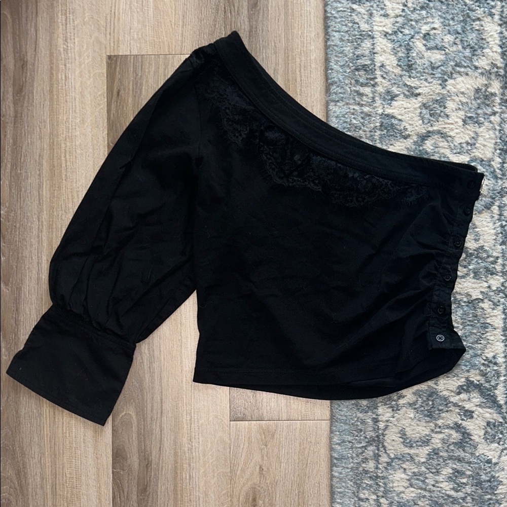 Anthropologie Black One-Shoulder Lace-Trim Top